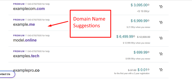 GoDaddy's suggested domains